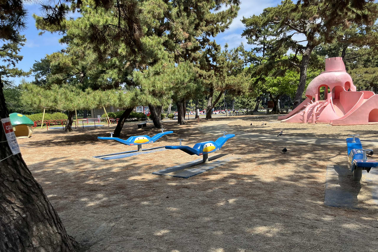 浜寺公園の遊具や施設の様子。遊具・プール・バーベキュー・交通遊園などが楽しめる広い公園
